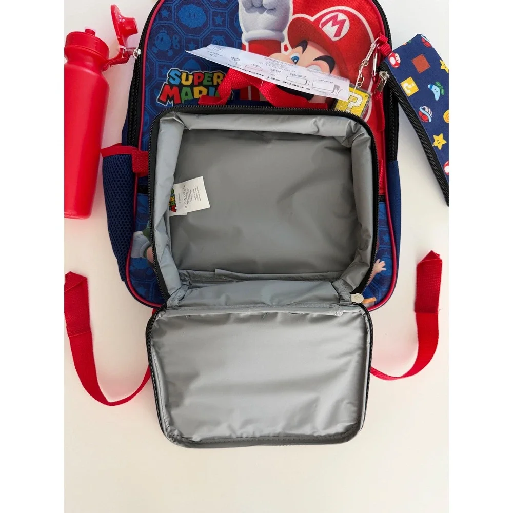 Bioworld Super Mario Kids 6 Piece Backpack Set Lunch Bag Water Bottle Red Blue